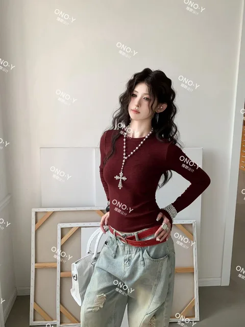 Y516-Một cỡ-Vải modal được mua lại vô hạn, áo thun dài tay cổ tròn ôm dáng