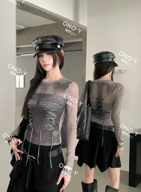 Y589-Áo dài tay lưới in họa tiết buộc dây phong cách Mỹ quyến rũ